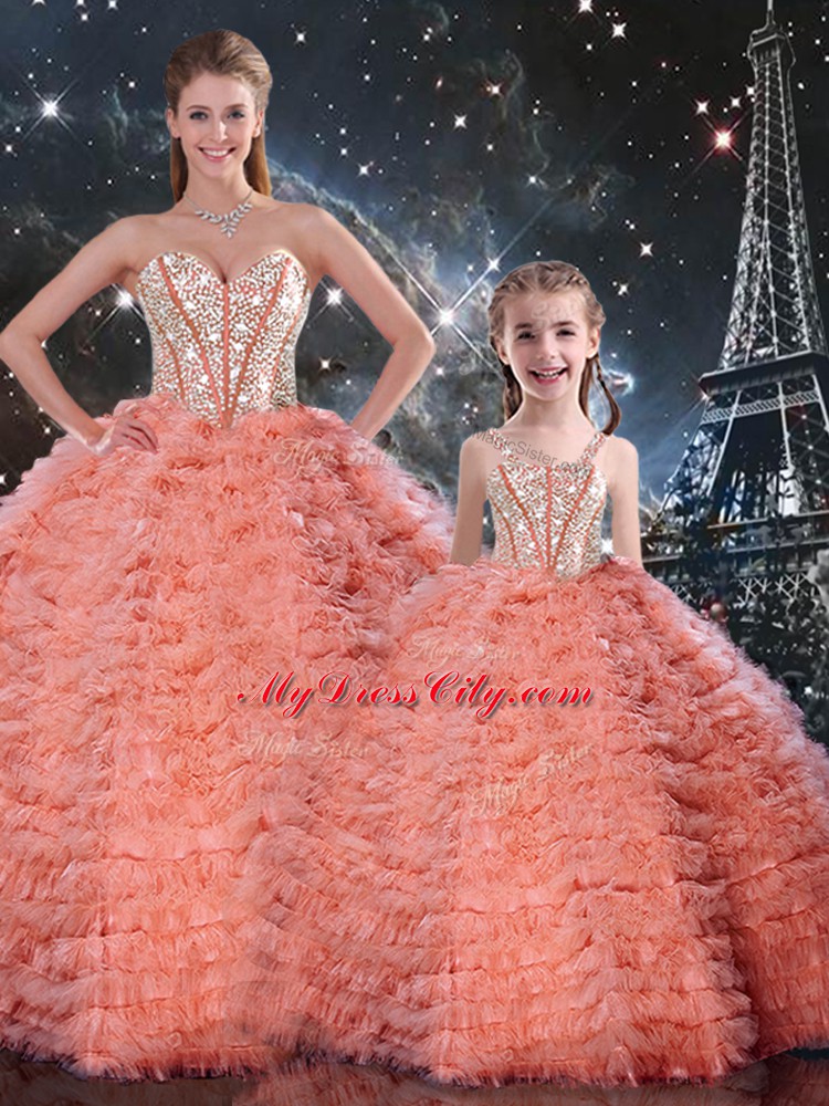 Colorful Watermelon Red Ball Gowns Tulle Sweetheart Sleeveless Beading and Ruffles Floor Length Lace Up 15th Birthday Dress