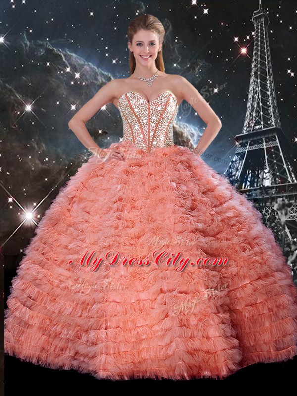 Colorful Watermelon Red Ball Gowns Tulle Sweetheart Sleeveless Beading and Ruffles Floor Length Lace Up 15th Birthday Dress