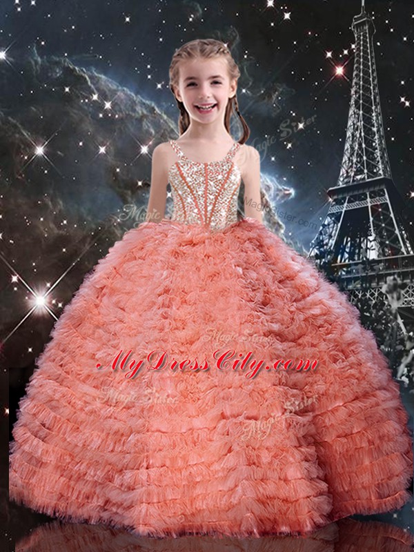 Colorful Watermelon Red Ball Gowns Tulle Sweetheart Sleeveless Beading and Ruffles Floor Length Lace Up 15th Birthday Dress