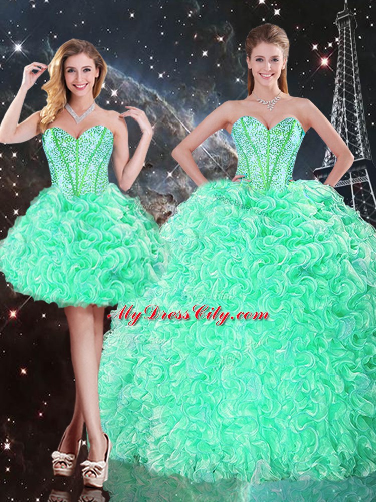 Luxury Apple Green Lace Up Quince Ball Gowns Beading and Ruffles Sleeveless Floor Length