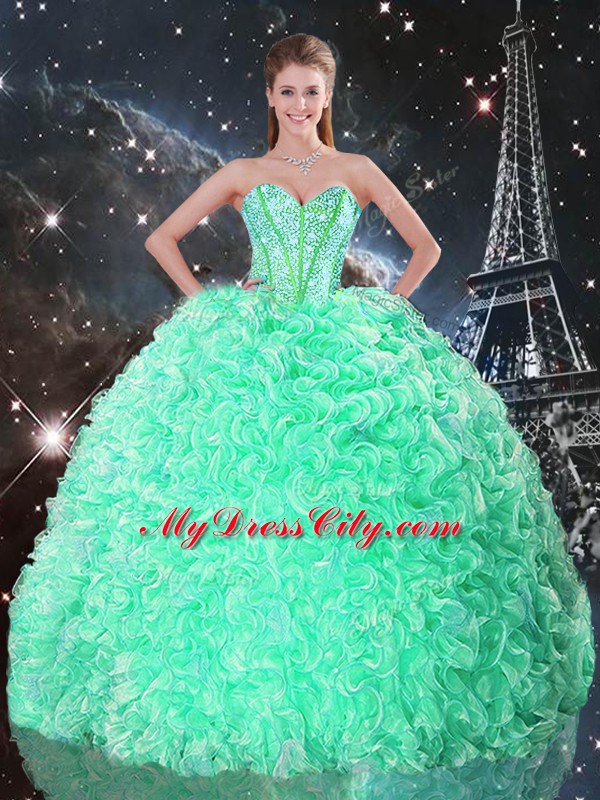 Luxury Apple Green Lace Up Quince Ball Gowns Beading and Ruffles Sleeveless Floor Length