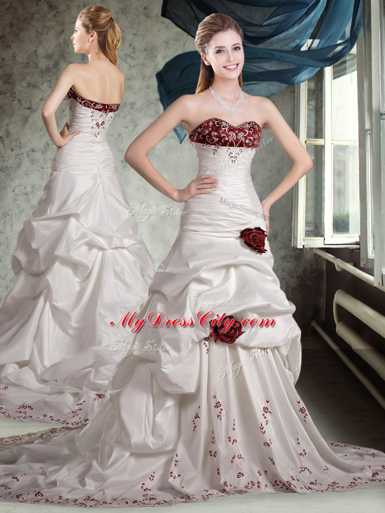 Beautiful Taffeta Sweetheart Sleeveless Brush Train Zipper Appliques and Pick Ups and Hand Made Flower Wedding Gowns in White And Red