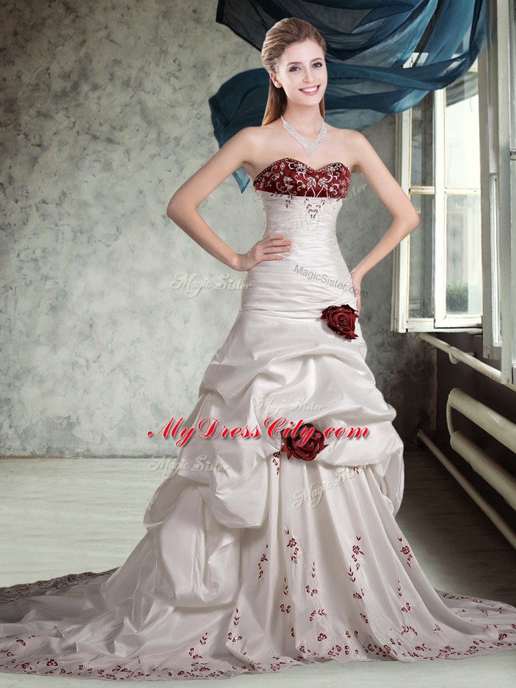 Beautiful Taffeta Sweetheart Sleeveless Brush Train Zipper Appliques and Pick Ups and Hand Made Flower Wedding Gowns in White And Red