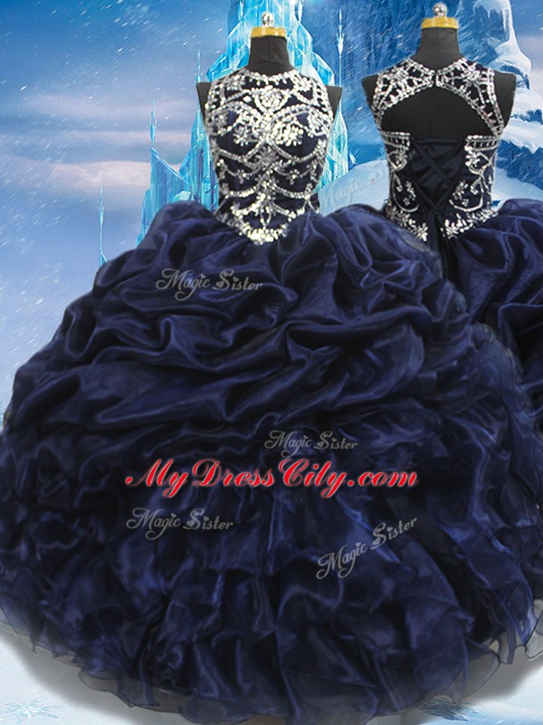 Captivating Navy Blue Lace Up 15th Birthday Dress Appliques and Ruffles and Pick Ups Sleeveless Floor Length