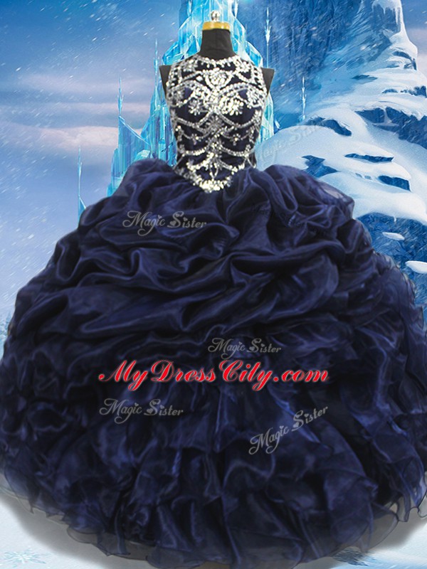 Captivating Navy Blue Lace Up 15th Birthday Dress Appliques and Ruffles and Pick Ups Sleeveless Floor Length