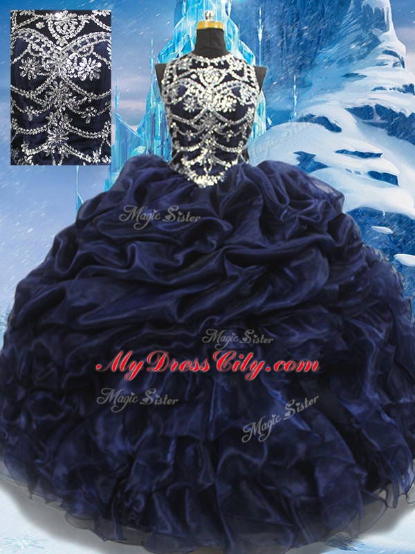 Captivating Navy Blue Lace Up 15th Birthday Dress Appliques and Ruffles and Pick Ups Sleeveless Floor Length