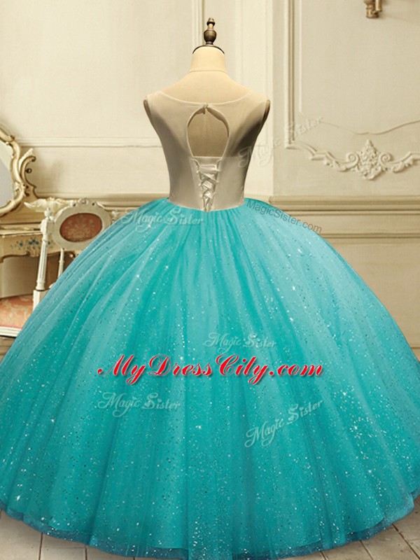 Luxury Scoop Sleeveless Tulle Quince Ball Gowns Appliques and Sequins Lace Up