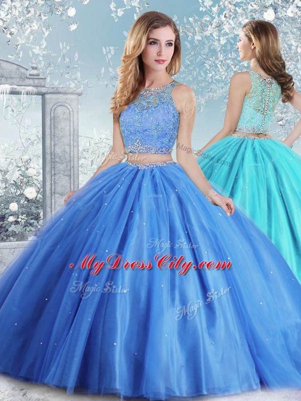 Exceptional Baby Blue Ball Gowns Tulle Scoop Sleeveless Beading and Sequins Floor Length Clasp Handle Sweet 16 Dresses