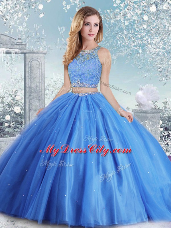 Exceptional Baby Blue Ball Gowns Tulle Scoop Sleeveless Beading and Sequins Floor Length Clasp Handle Sweet 16 Dresses