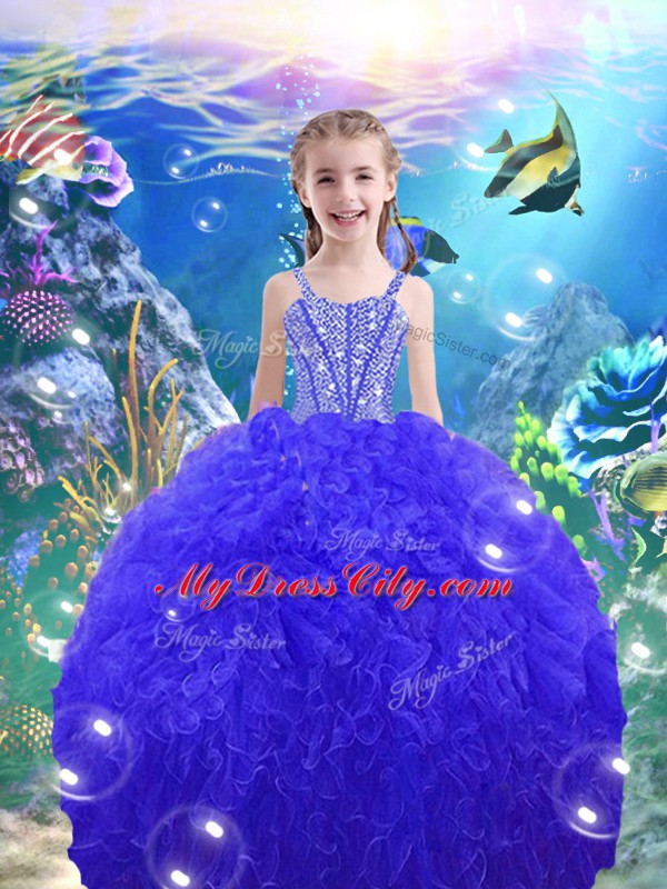 Unique Floor Length Royal Blue Pageant Dress Toddler Straps Sleeveless Lace Up