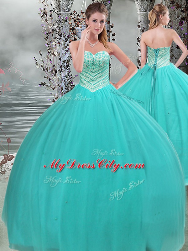 Turquoise Sleeveless Beading Floor Length Quinceanera Dresses