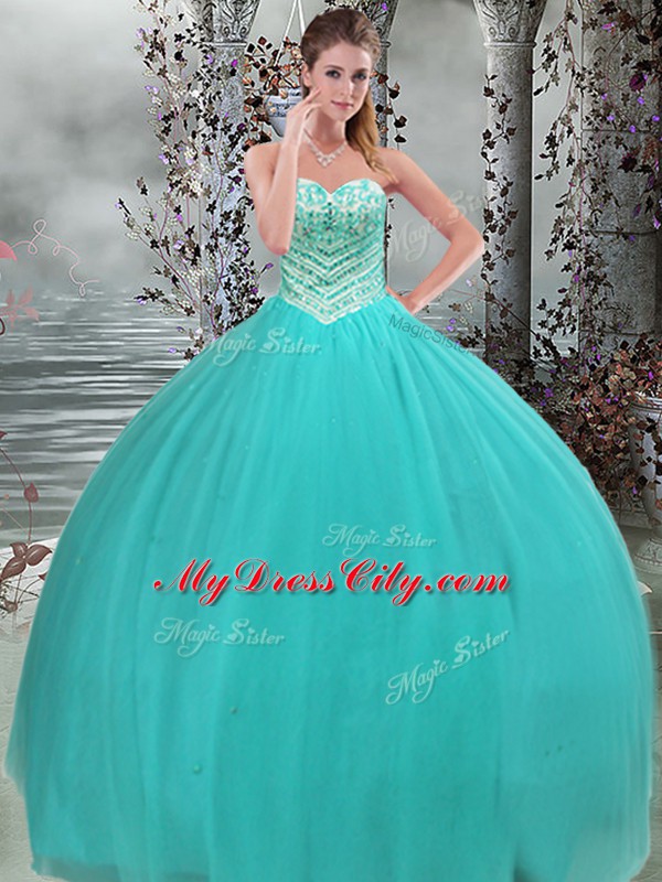 Turquoise Sleeveless Beading Floor Length Quinceanera Dresses