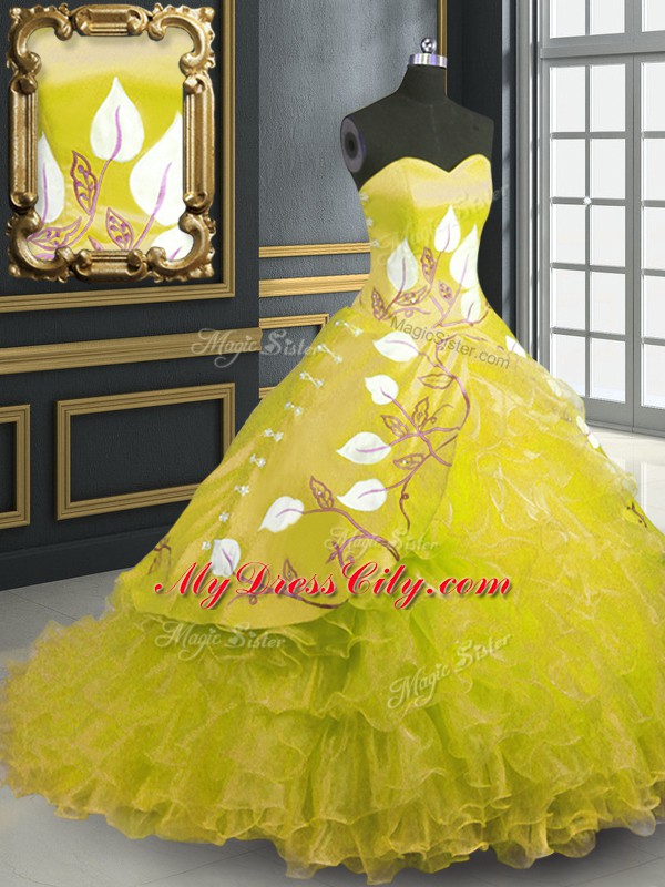 Trendy Embroidery and Ruffles 15th Birthday Dress Yellow Lace Up Sleeveless Brush Train