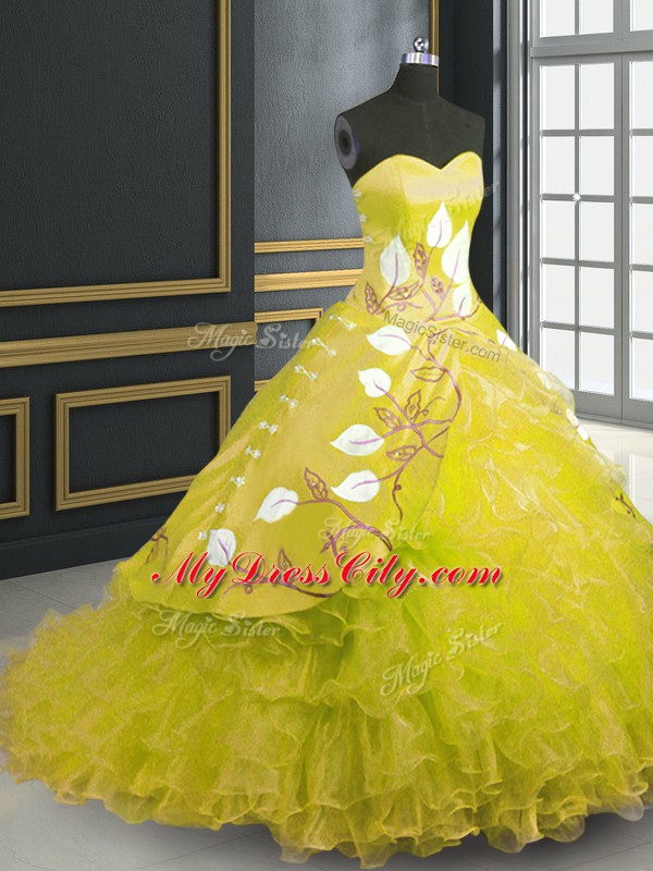 Trendy Embroidery and Ruffles 15th Birthday Dress Yellow Lace Up Sleeveless Brush Train