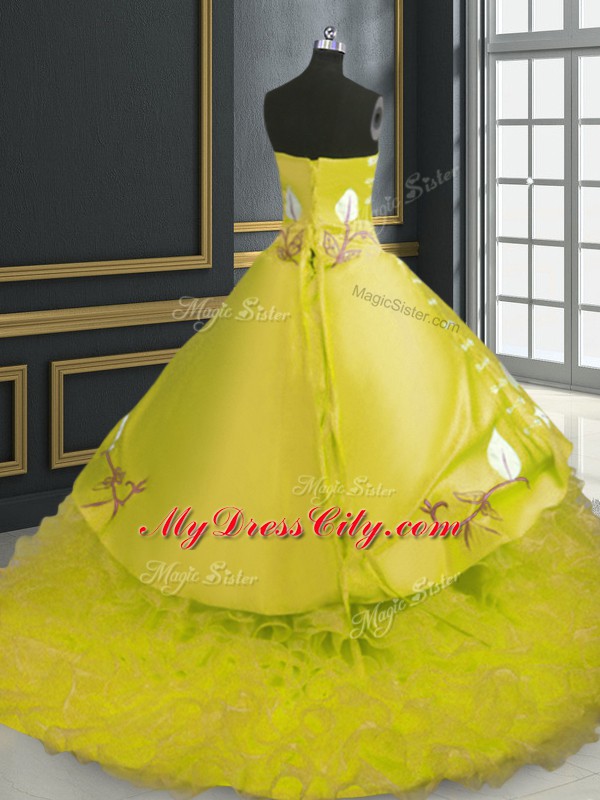 Trendy Embroidery and Ruffles 15th Birthday Dress Yellow Lace Up Sleeveless Brush Train