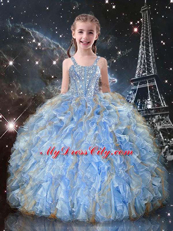 Straps Sleeveless Lace Up Custom Made Pageant Dress Light Blue Organza