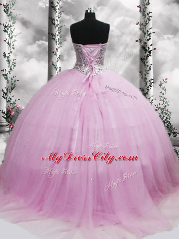 Colorful Lilac Sleeveless Tulle Brush Train Lace Up Quinceanera Gowns for Military Ball and Sweet 16 and Quinceanera