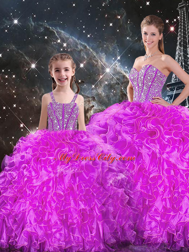 Fuchsia Organza Lace Up 15th Birthday Dress Sleeveless Floor Length Beading and Ruffles