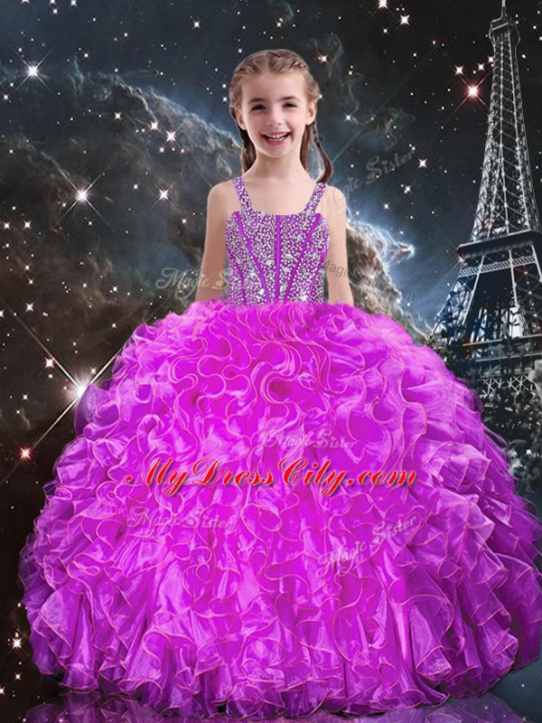 Fuchsia Organza Lace Up 15th Birthday Dress Sleeveless Floor Length Beading and Ruffles