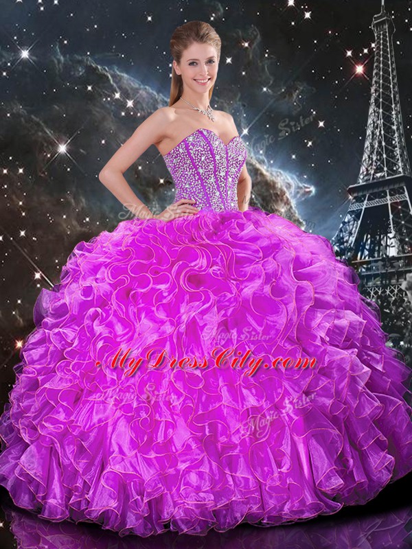 Fuchsia Organza Lace Up 15th Birthday Dress Sleeveless Floor Length Beading and Ruffles