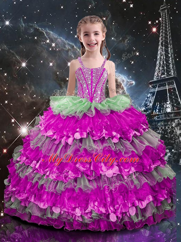 Multi-color Sleeveless Beading and Ruffled Layers Floor Length Little Girl Pageant Gowns