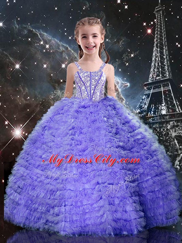 On Sale Tulle Straps Short Sleeves Lace Up Beading and Ruffled Layers Girls Pageant Dresses in Lavender