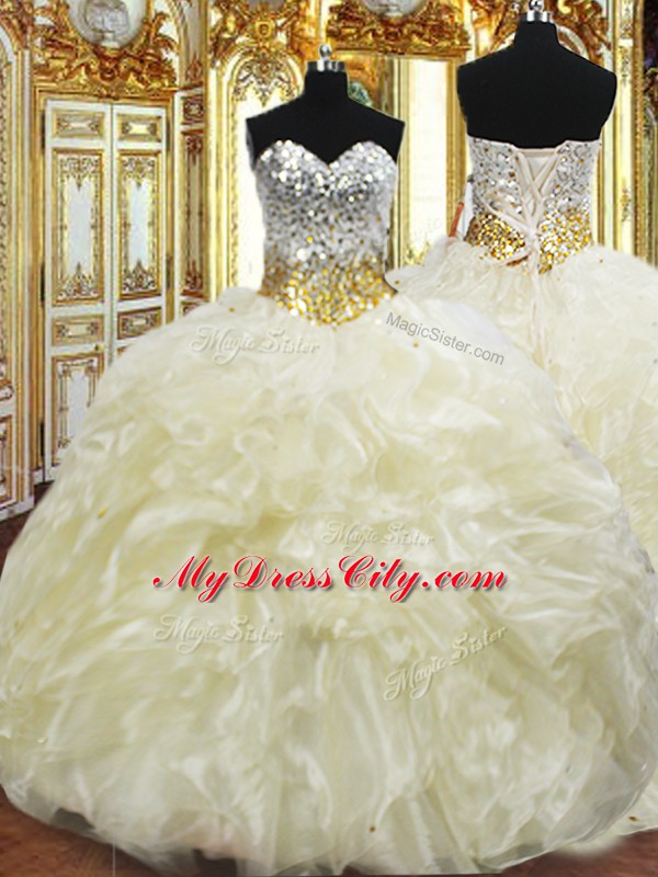 Amazing Light Yellow Sweetheart Neckline Beading and Ruffles Quince Ball Gowns Sleeveless Lace Up