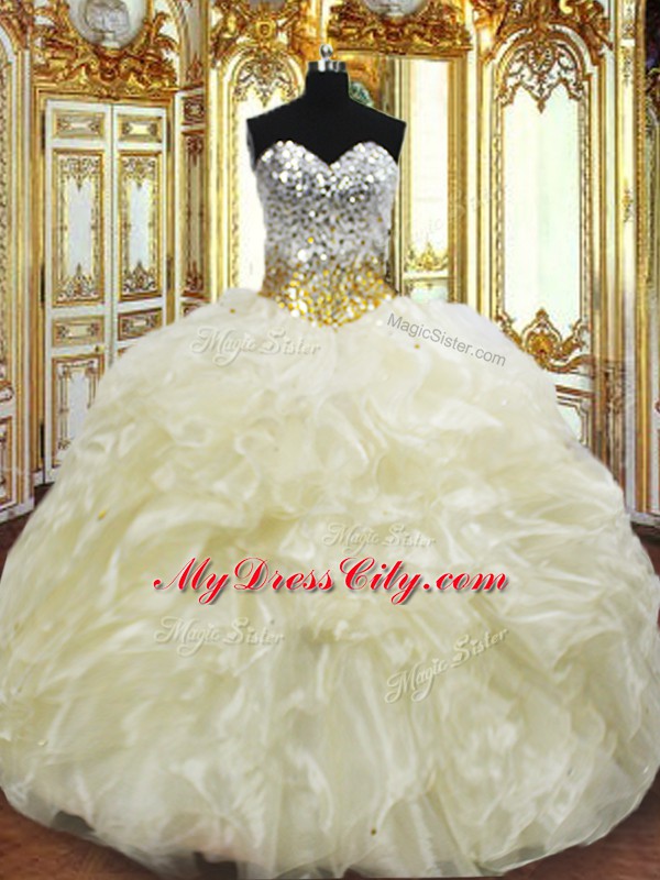 Amazing Light Yellow Sweetheart Neckline Beading and Ruffles Quince Ball Gowns Sleeveless Lace Up