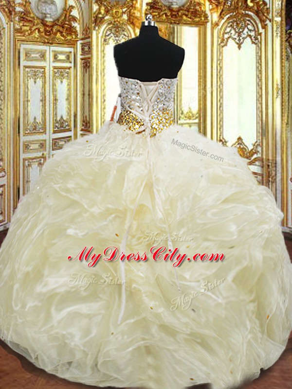 Amazing Light Yellow Sweetheart Neckline Beading and Ruffles Quince Ball Gowns Sleeveless Lace Up