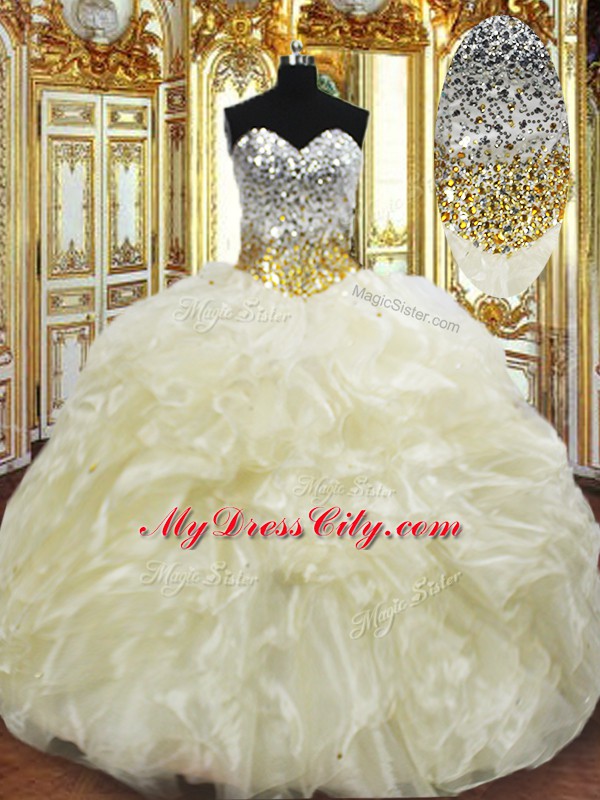 Amazing Light Yellow Sweetheart Neckline Beading and Ruffles Quince Ball Gowns Sleeveless Lace Up