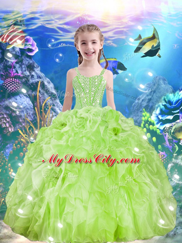 Excellent Yellow Green Sleeveless Beading and Ruffles Floor Length Juniors Party Dress