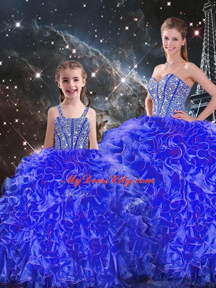 Admirable Blue Sleeveless Organza Lace Up 15 Quinceanera Dress for Military Ball and Sweet 16 and Quinceanera