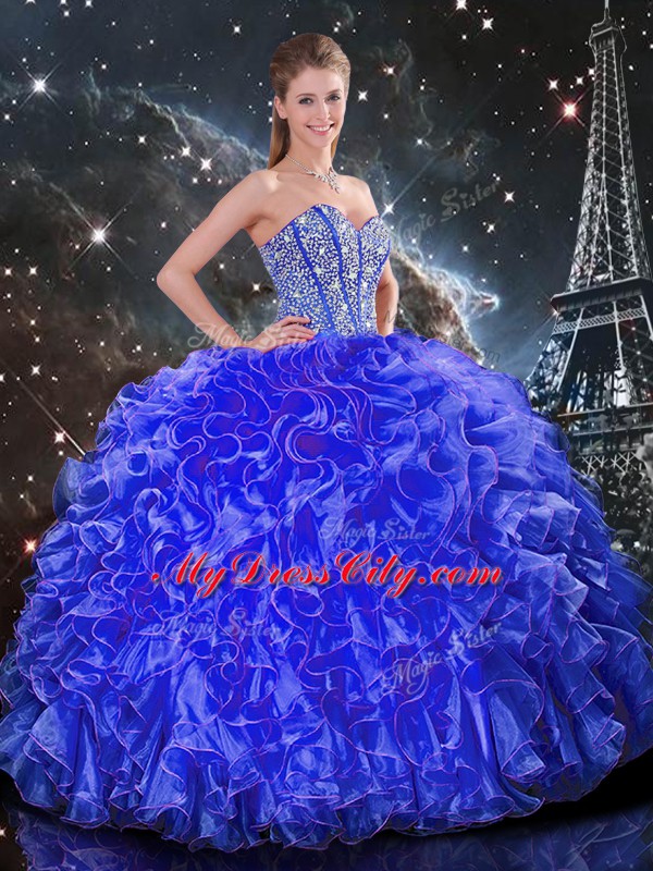 Admirable Blue Sleeveless Organza Lace Up 15 Quinceanera Dress for Military Ball and Sweet 16 and Quinceanera