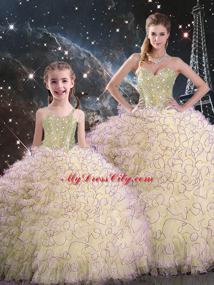 Sleeveless Organza Floor Length Lace Up 15th Birthday Dress in Light Yellow with Beading and Ruffles