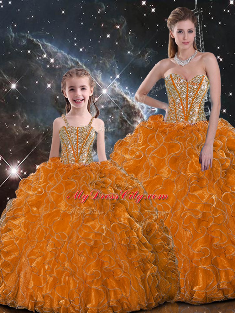 Orange Sweetheart Lace Up Beading and Ruffles Quince Ball Gowns Sleeveless