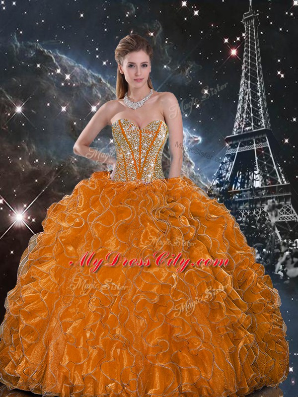 Orange Sweetheart Lace Up Beading and Ruffles Quince Ball Gowns Sleeveless