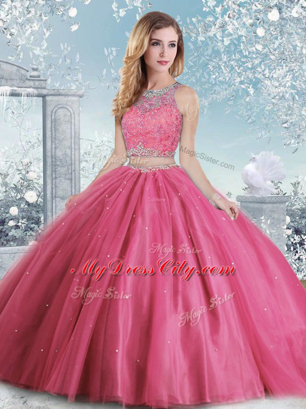 Hot Pink Sleeveless Floor Length Beading and Sequins Clasp Handle Sweet 16 Quinceanera Dress