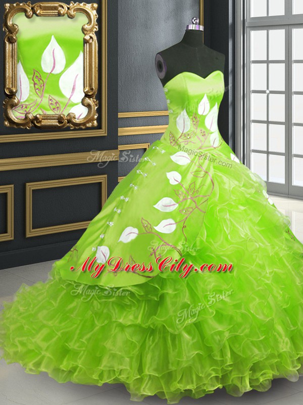 Popular Quince Ball Gowns Military Ball and Sweet 16 and Quinceanera with Embroidery Sweetheart Sleeveless Brush Train Lace Up