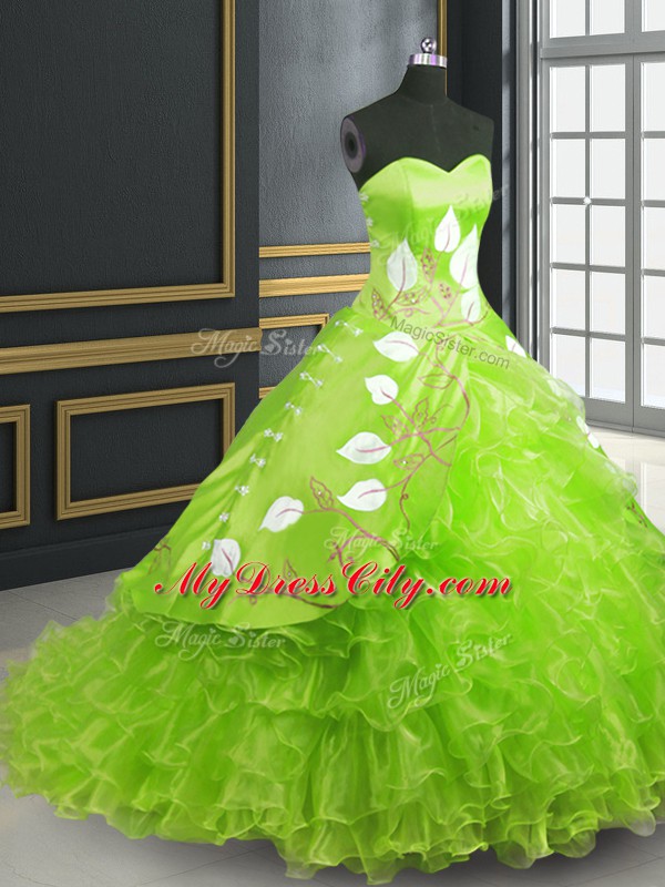 Popular Quince Ball Gowns Military Ball and Sweet 16 and Quinceanera with Embroidery Sweetheart Sleeveless Brush Train Lace Up