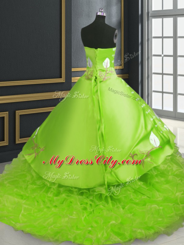 Popular Quince Ball Gowns Military Ball and Sweet 16 and Quinceanera with Embroidery Sweetheart Sleeveless Brush Train Lace Up