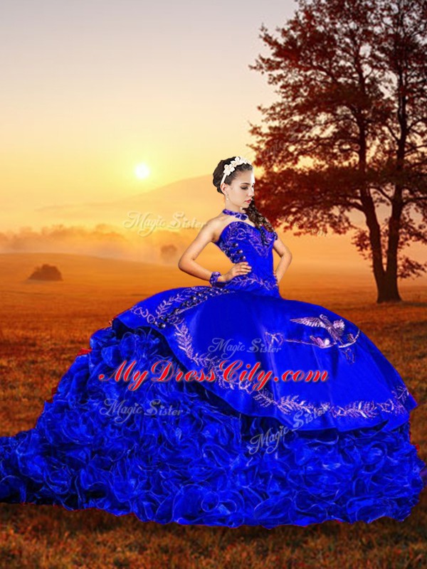 Royal Blue Sweetheart Lace Up Embroidery and Ruffles Ball Gown Prom Dress Brush Train Sleeveless