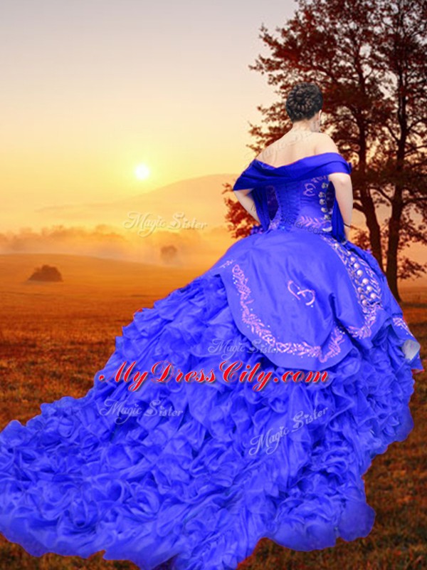 Royal Blue Sweetheart Lace Up Embroidery and Ruffles Ball Gown Prom Dress Brush Train Sleeveless