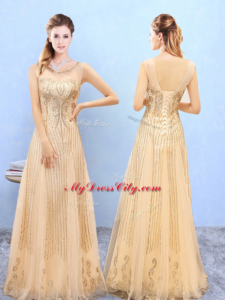 Customized Scoop Sleeveless Dama Dress Floor Length Beading and Appliques Gold Organza