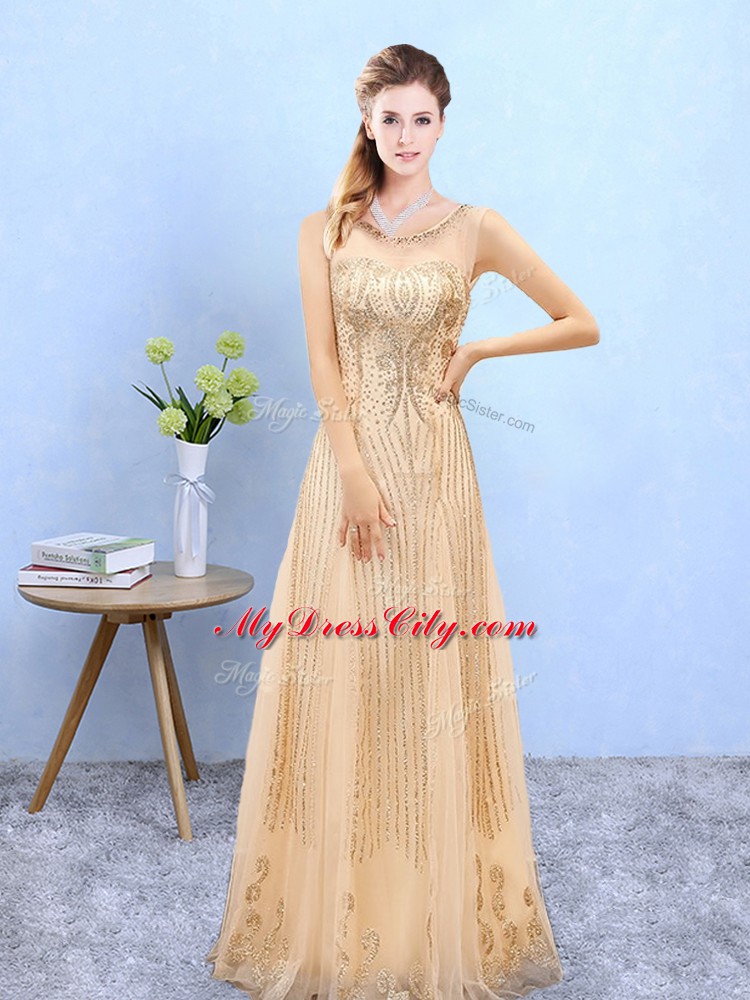 Customized Scoop Sleeveless Dama Dress Floor Length Beading and Appliques Gold Organza