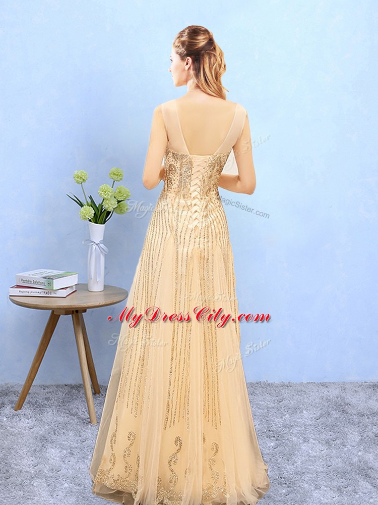 Customized Scoop Sleeveless Dama Dress Floor Length Beading and Appliques Gold Organza