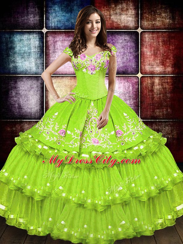 Sophisticated Yellow Green Sleeveless Floor Length Embroidery and Ruffled Layers Lace Up Ball Gown Prom Dress