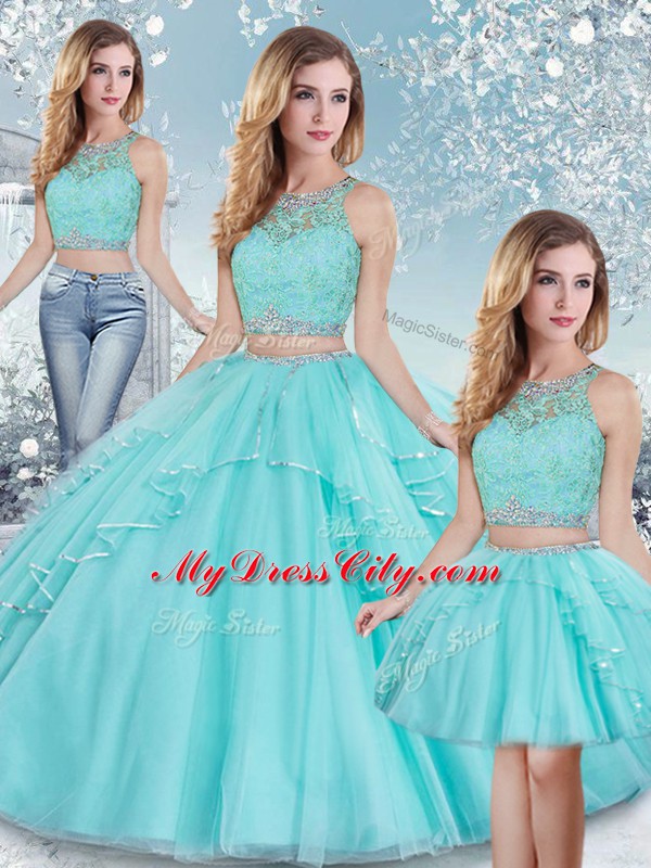 Aqua Blue Tulle Clasp Handle Scoop Sleeveless Floor Length Quinceanera Gowns Beading and Lace and Sequins