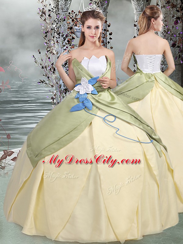 Scalloped Sleeveless Ball Gown Prom Dress Floor Length Ruching and Hand Made Flower Multi-color Taffeta