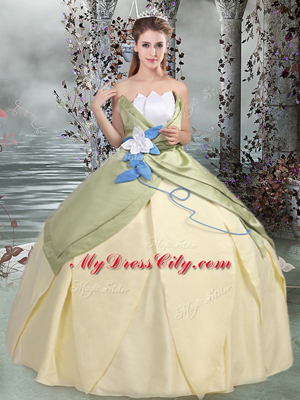 Scalloped Sleeveless Ball Gown Prom Dress Floor Length Ruching and Hand Made Flower Multi-color Taffeta