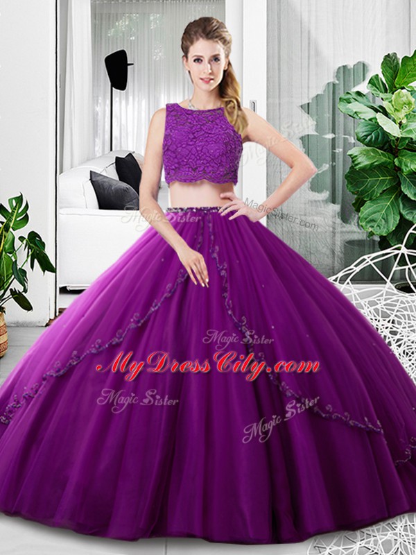 Floor Length Purple Quinceanera Gown Tulle Sleeveless Lace and Ruching